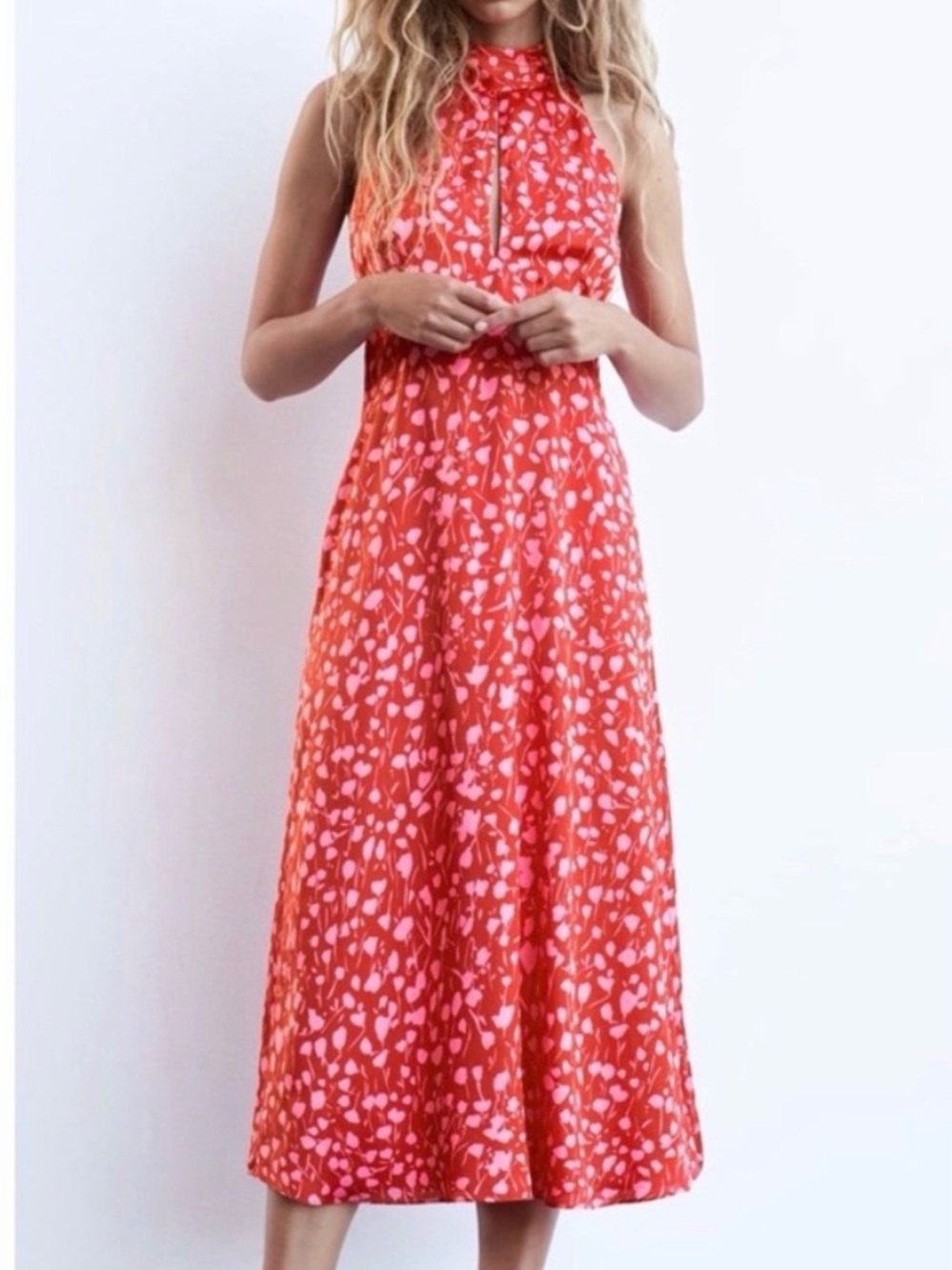 Zara Red & Pink Printed Satin Halter Midi Dress